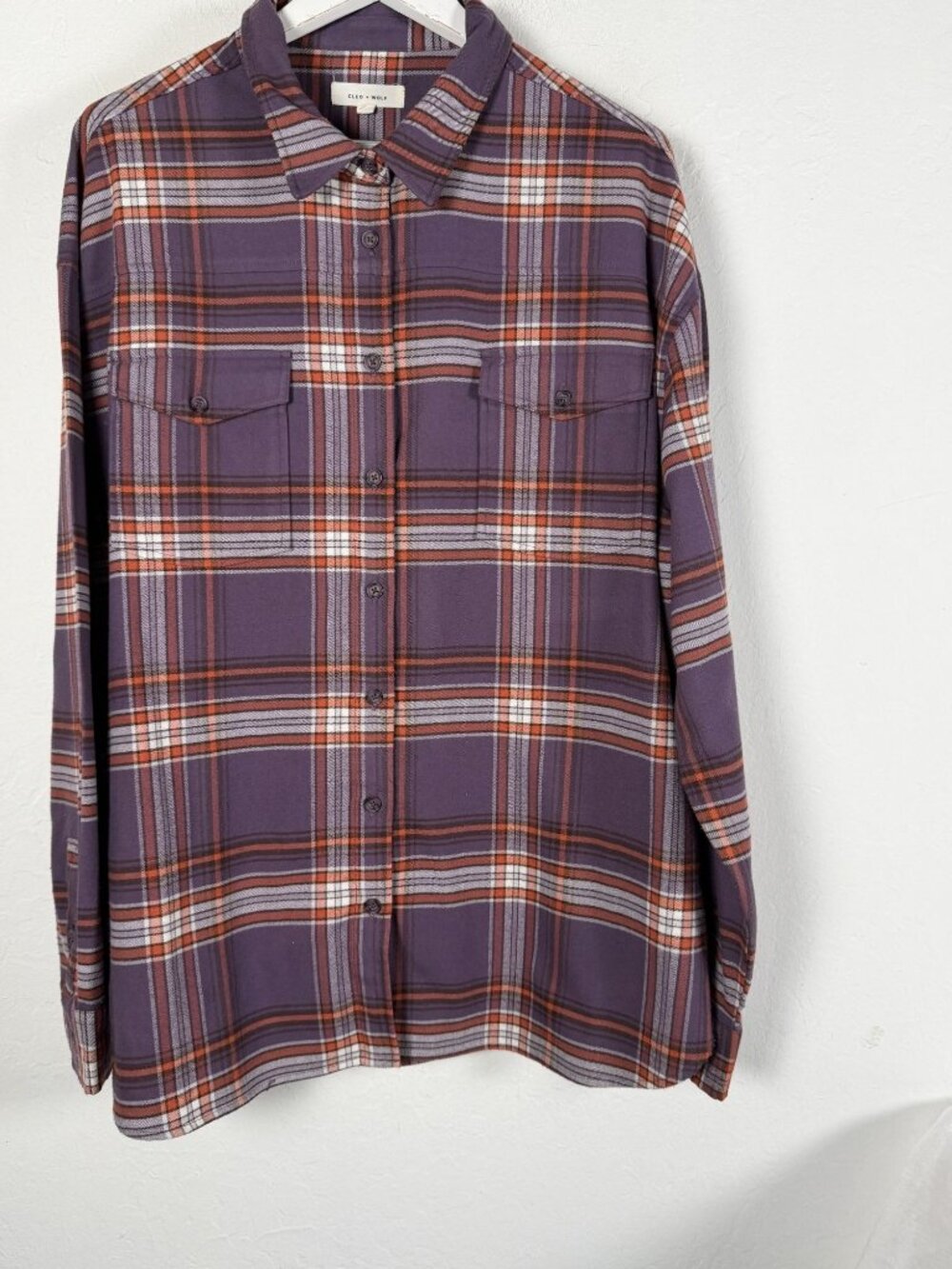 Cleo + Wolf Womens Purple Plaid Flannel Button-Up Shirt XL Long Sleeve Pockets